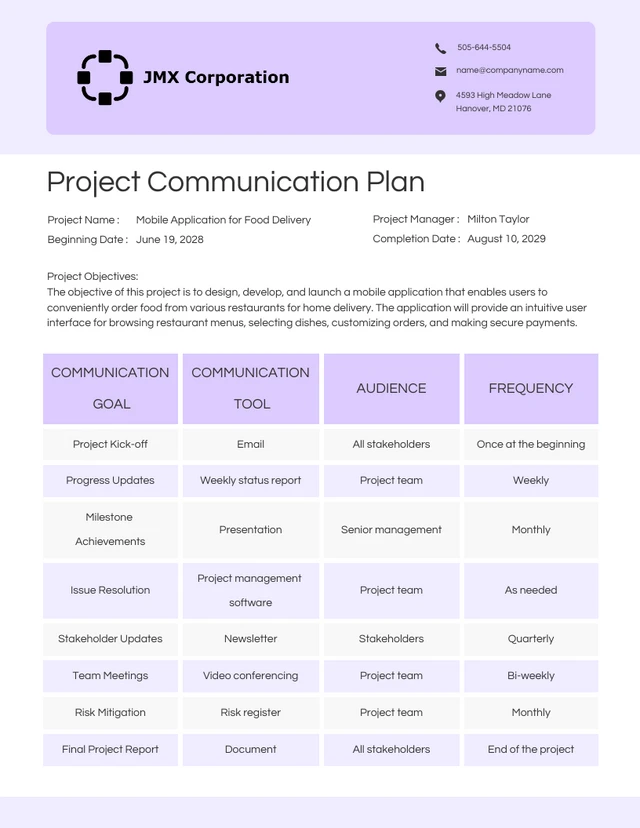 White and Purple Simple Project Communication Plan Template
