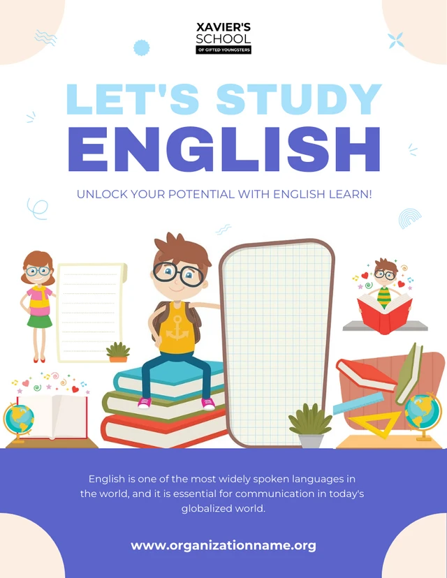Plantilla de cartel para aprender inglés en blanco y azul