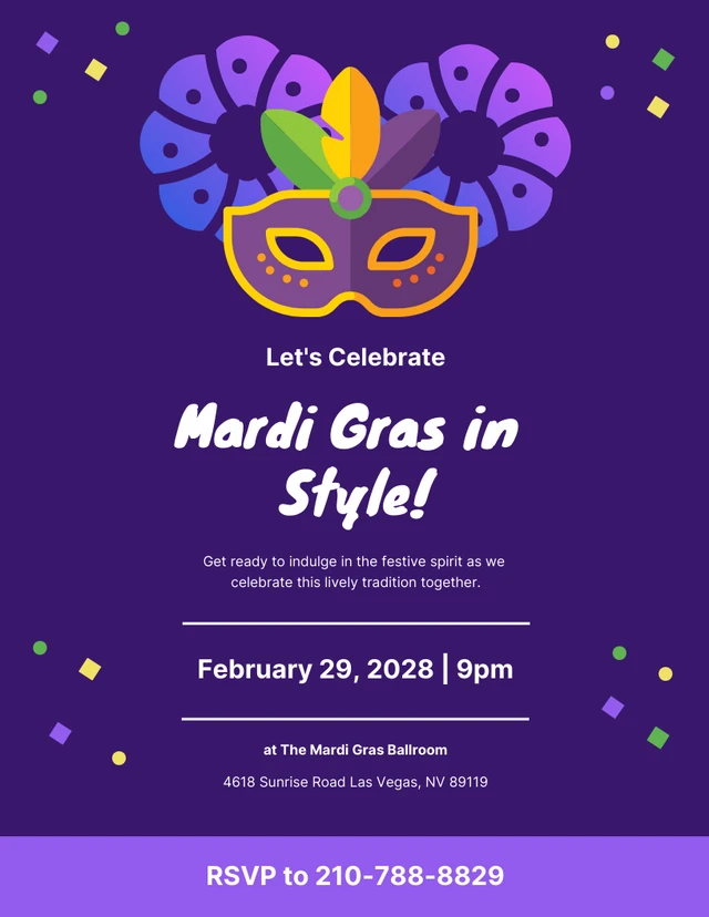 Modèle d'invitation de Mardi Gras simple de fête moderne violet