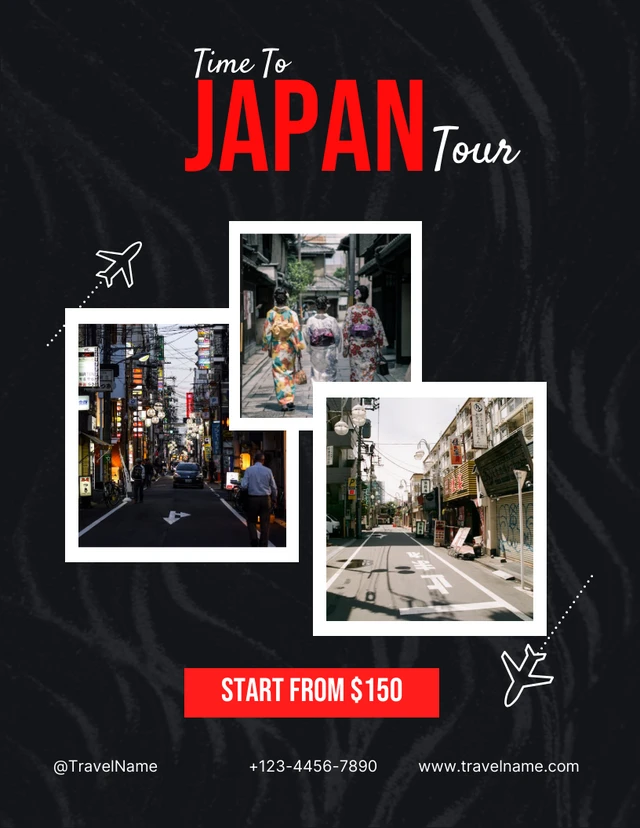 Black Modern Texture Time To Japan Tour Travel Poster Template