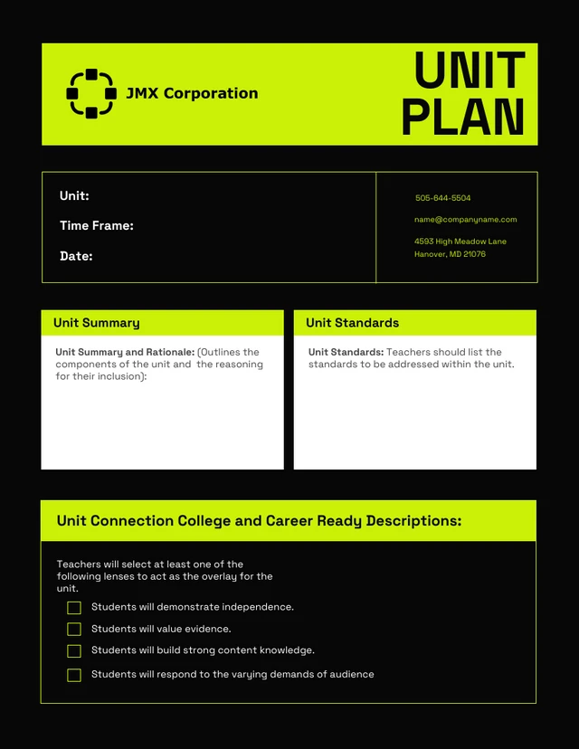 Black and Lime Green Simple Unit Plans Template