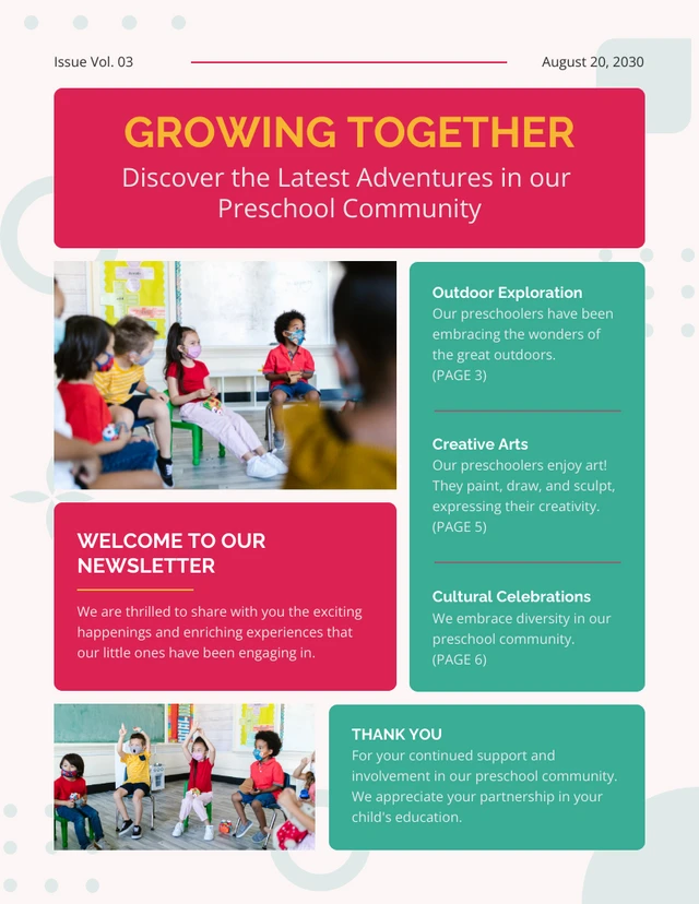 Red Green Colorful Creative Preschool Newsletter Template