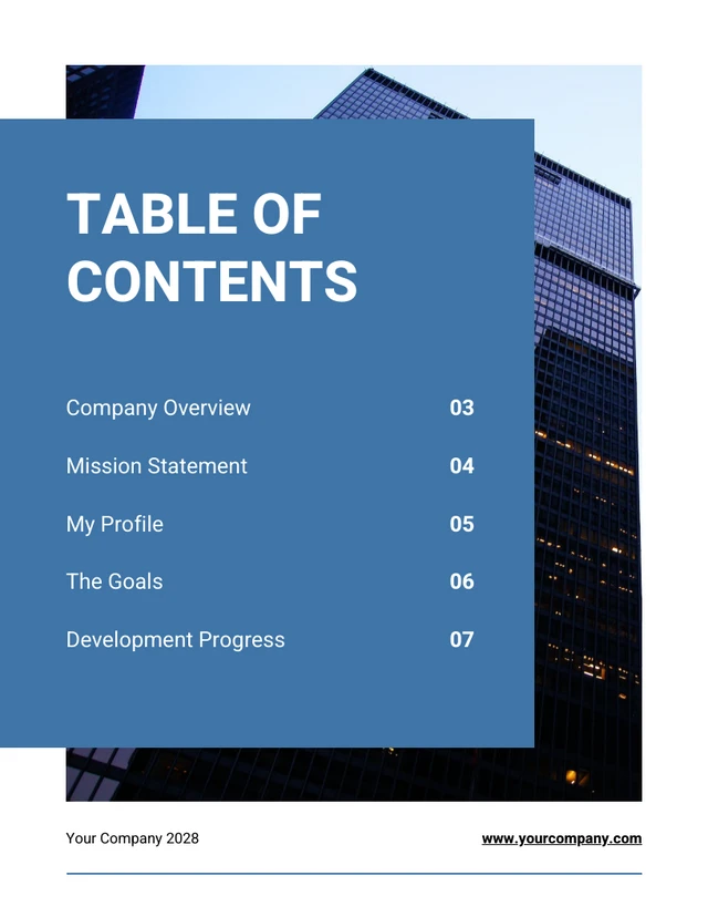 Modèle de table des matières de plan d'affaires moderne bleu
