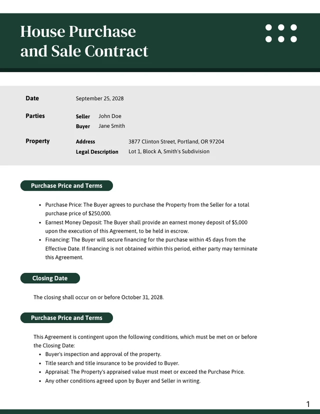 Emerald Green Purchase and Sale Agreement Contracts - Page 1