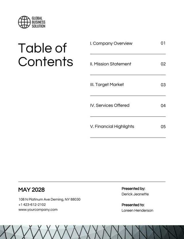 Simple Business Plan Table of Contents Template