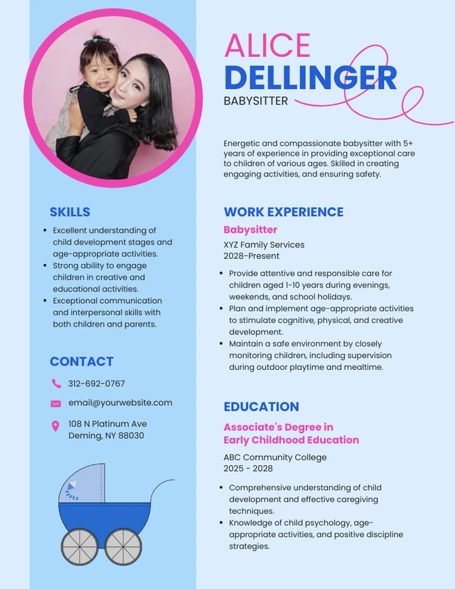 Blue and Pink Simple Babysitter Resume Template
