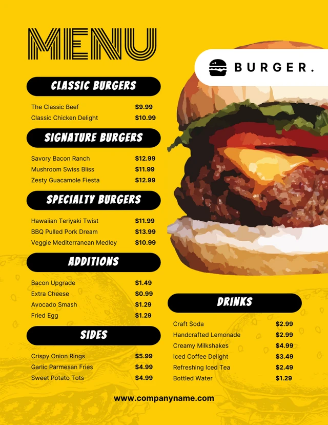 Gelbe moderne Burger-Menüvorlage