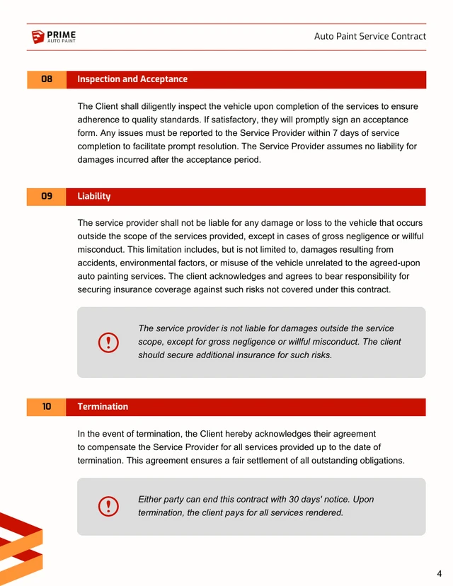 Auto Paint Service Contract Template - Pagina 4