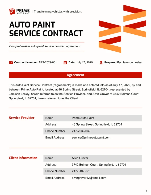 Auto Paint Service Contract Template - page 1