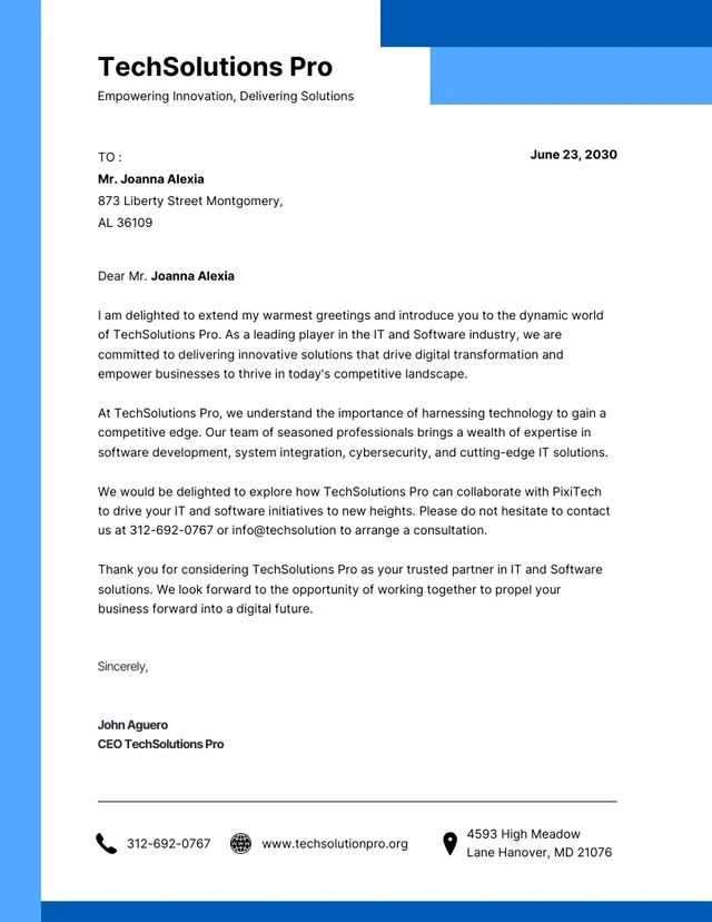 Clean Minimalist White and Blue IT and Software Letterhead Template