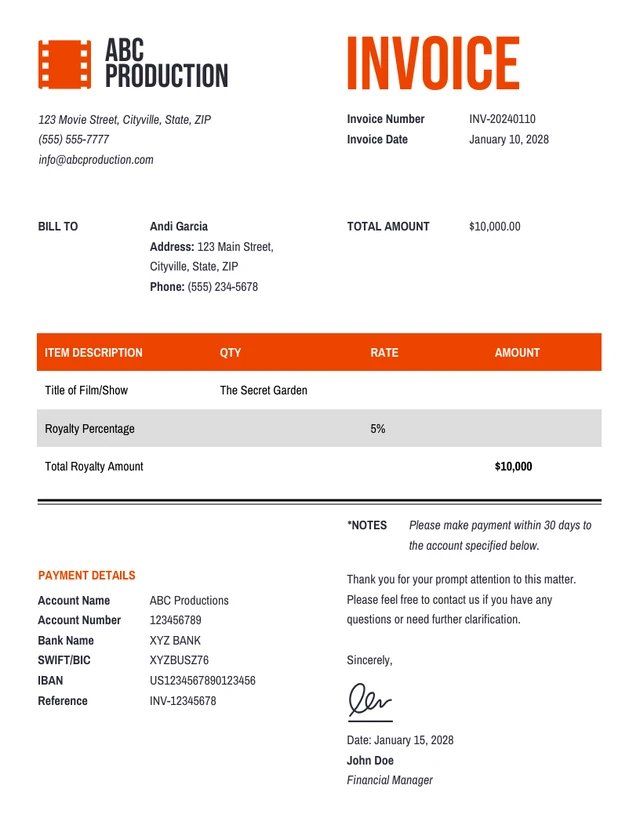 Film/TV Show Royalty Invoice Template