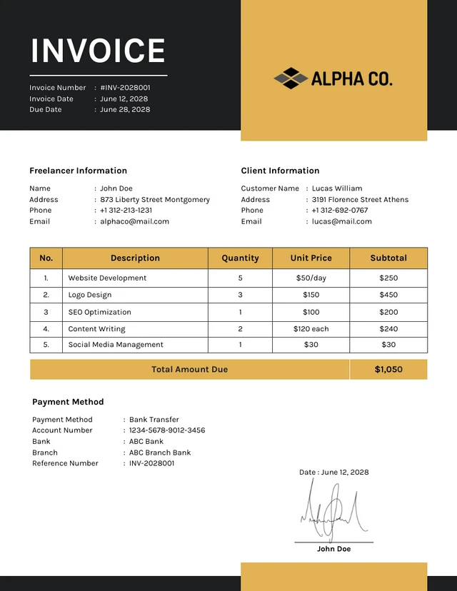 Simple Black and Yellow Freelance Invoice Template