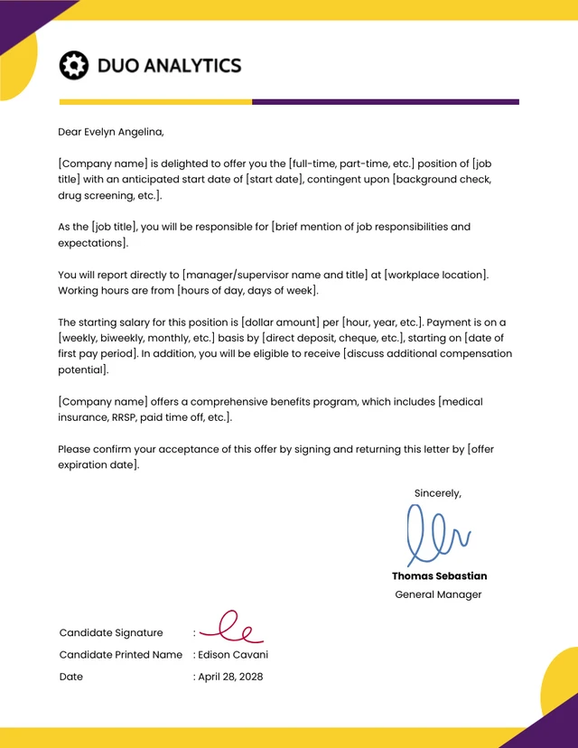 Modèle de lettre d'offre jaune violet amusant