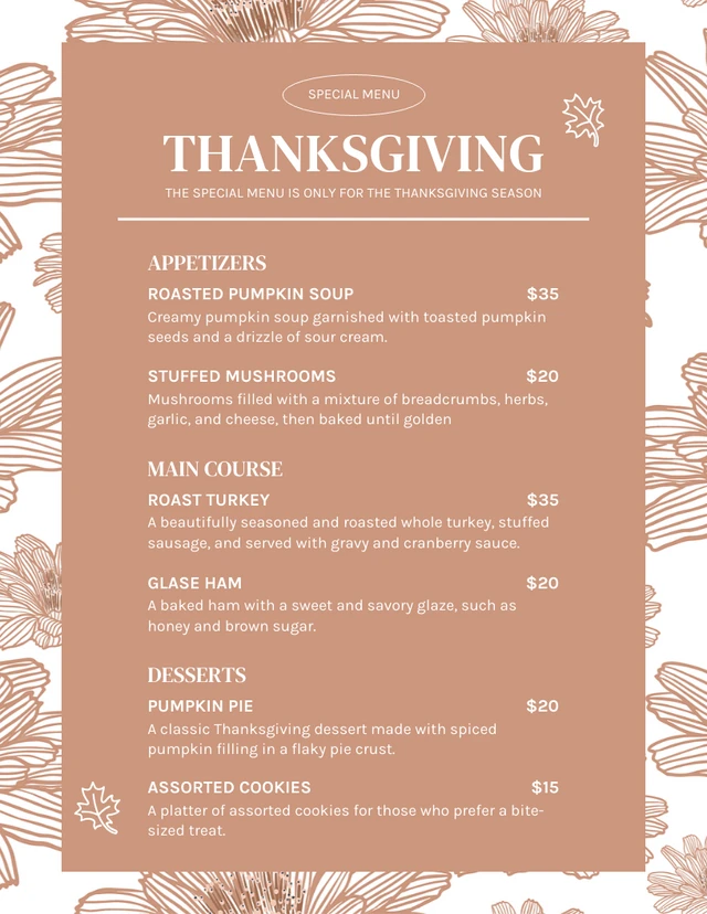 Brown Floral Pattern Special Thanksgiving Menu Template