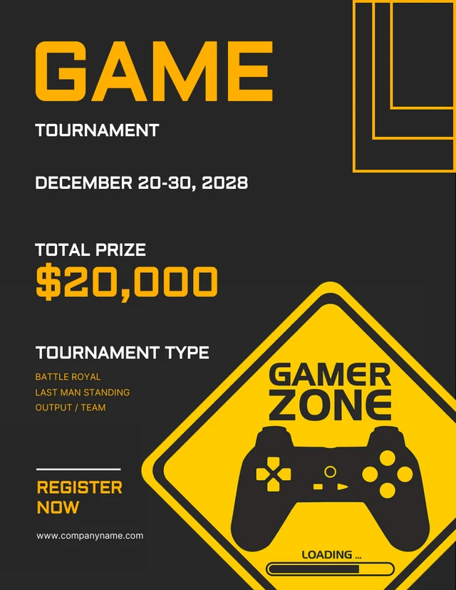 Dark Grey And Yellow Simple Gaming Tournament Poster Template