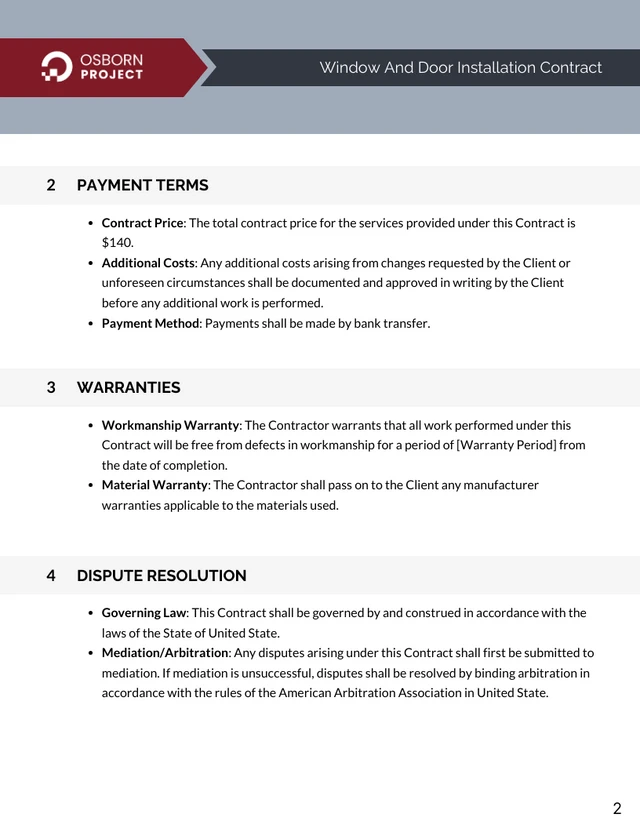 Window And Door Installation Contract Template - Page 2