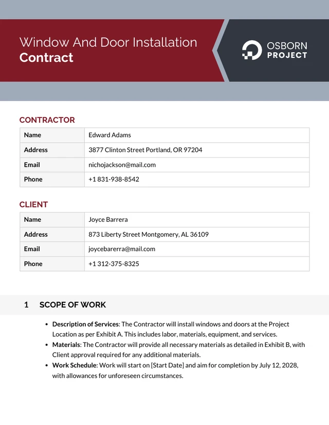 Window And Door Installation Contract Template - page 1