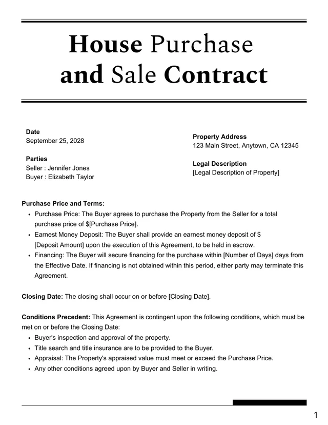 Minimalist Clean Black and White Purchase and Sale Agreement Contracts - Page 1