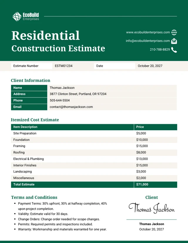 Residential Construction Estimate Template