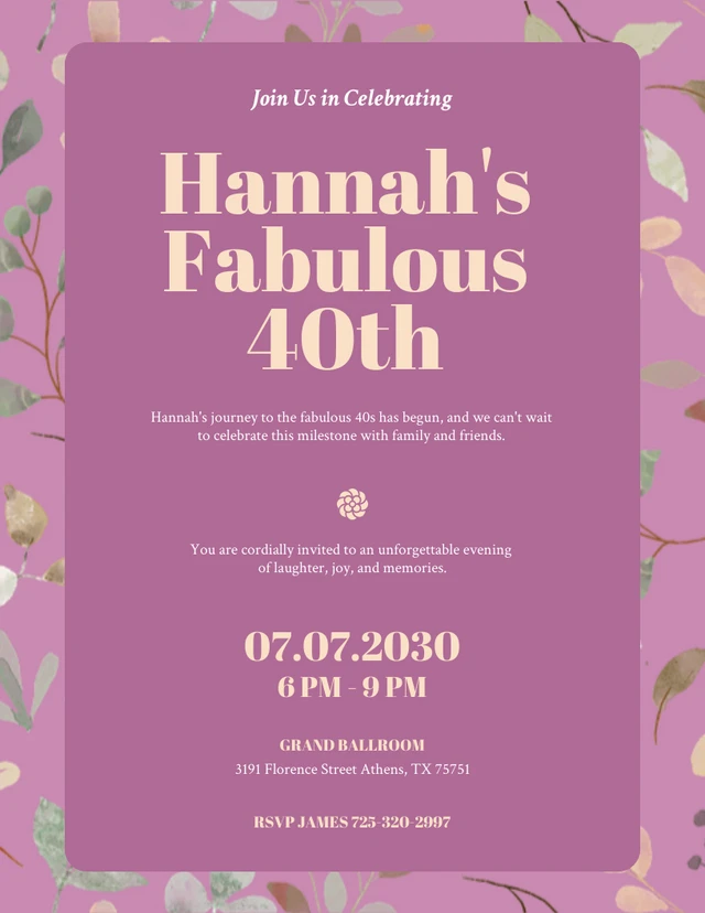 Modèle d'invitation au 40e anniversaire floral rose