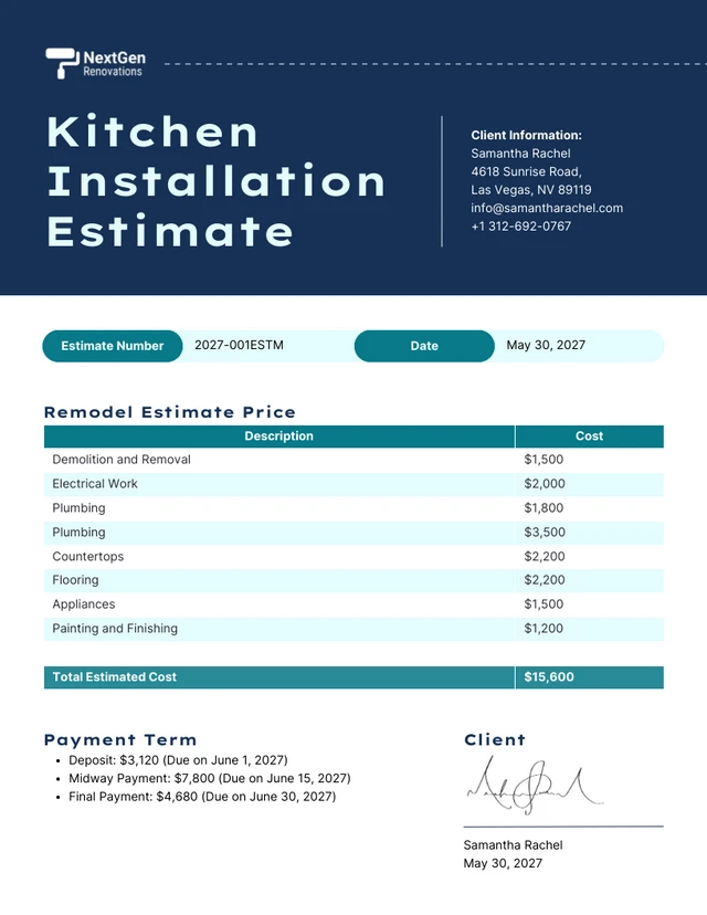 Modèle d'estimation d'installation de cuisine