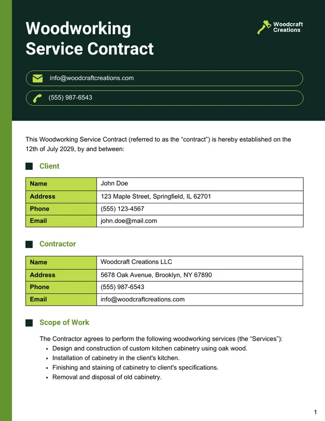 Woodworking Contract Template - Seite 1