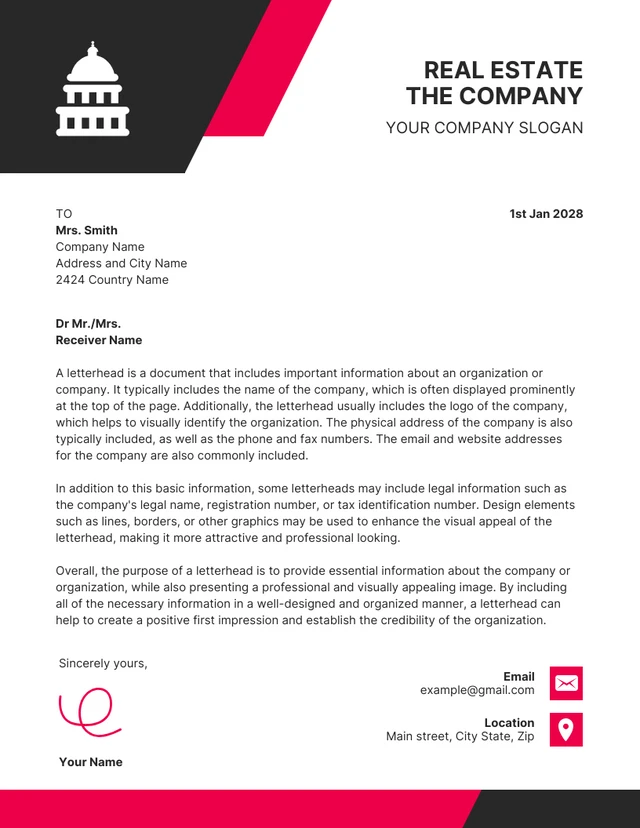 Black And Red Simple Corporate Real Estate Letterhead Template