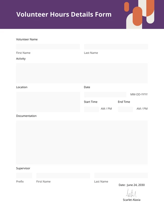Purple and Orange Simple Volunteer and Community Service Forms Template