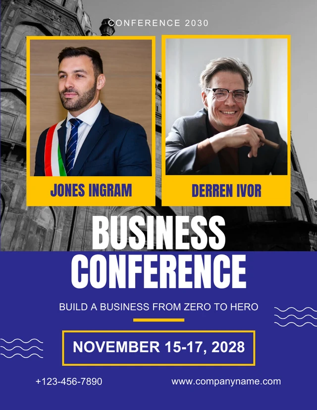 Plantilla de póster de conferencia de negocios profesional moderno azul marino y amarillo