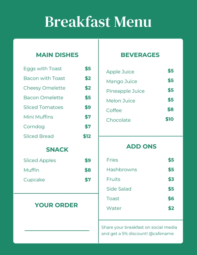 Modèle de menu de petit-déjeuner minimaliste vert et blanc