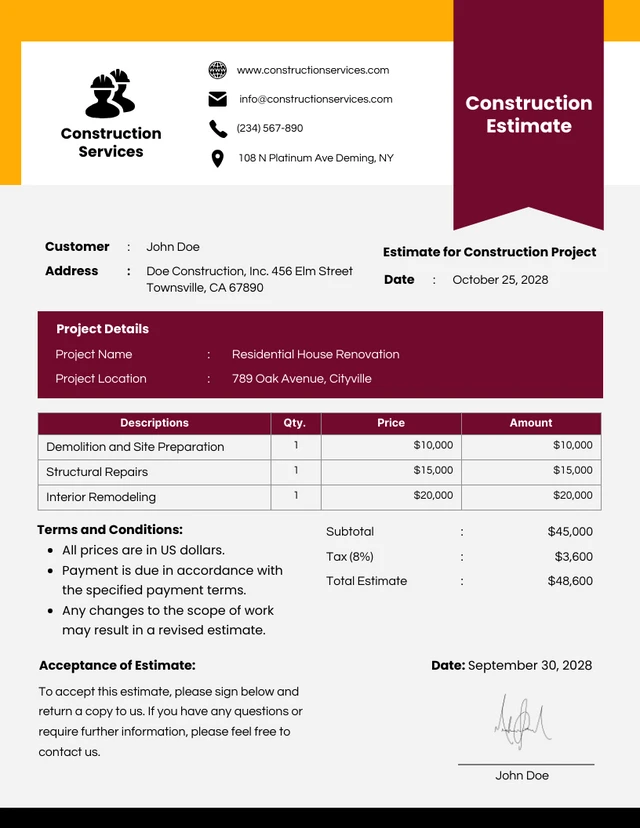 Yellow and Maroon Simple Construction Estimate Template