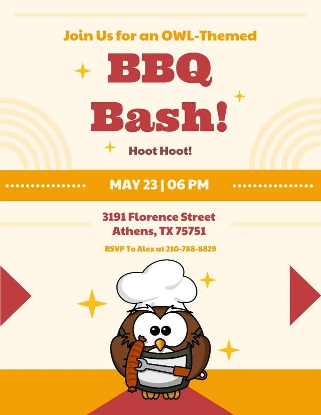 Yellow And Red Playful Cheerful Illustration Chef Owl BBQ Invitation Template