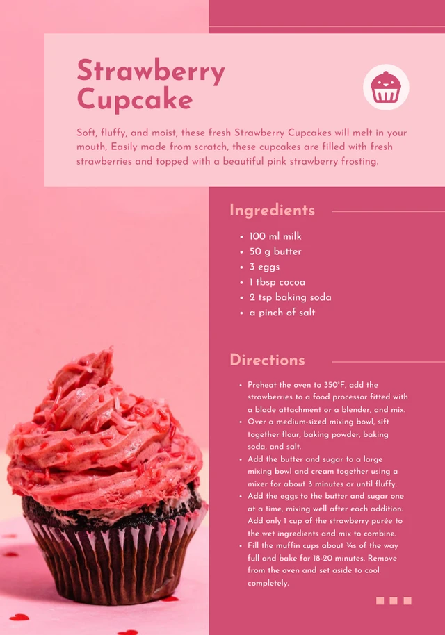 Pink Modern Strawberry Cupcake Recipe Cards Template