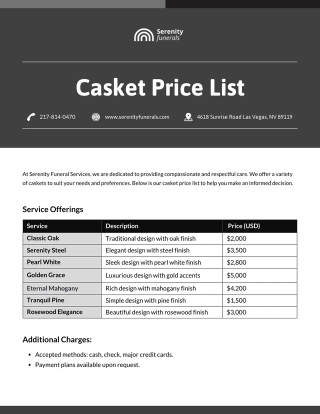 plantilla de lista de precios de ataúdes