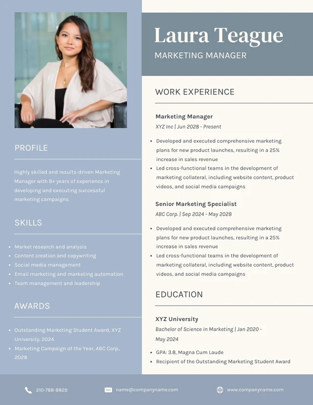 Blue and Cream Marketing Manager Resume Template