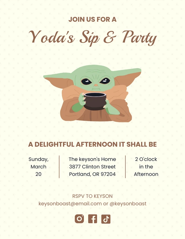 Beige And Brown Modern Illustration Yoda Star Wars Tea Party Invitation Template