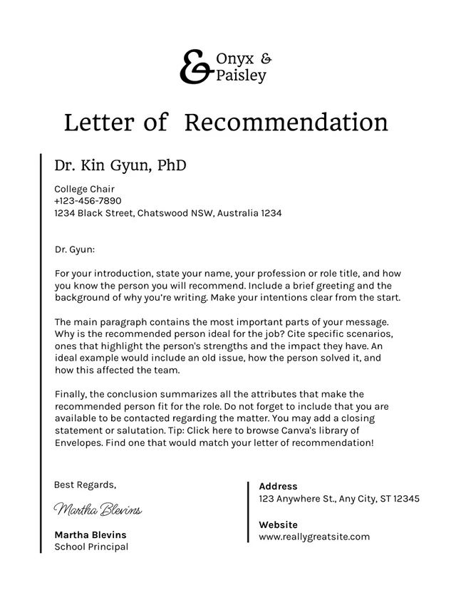 White And Black Clean Professional Recommendation Letters Template
