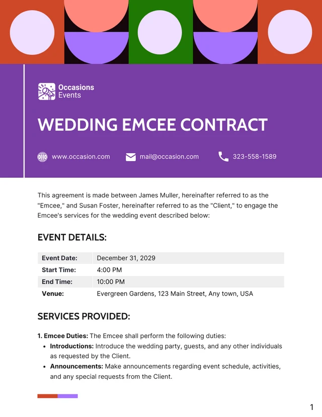 Wedding Emcee Contract Template - Página 1