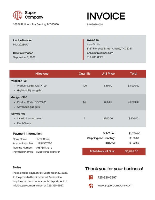 Grey and Red Business Invoice Template