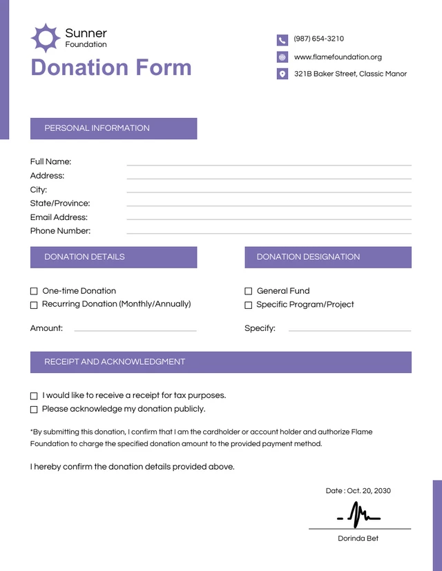 Modèle de formulaire de don violet simple