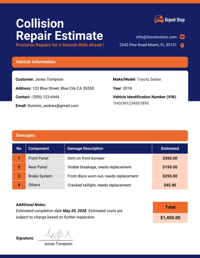 Plantilla de estimación de reparación de colisiones