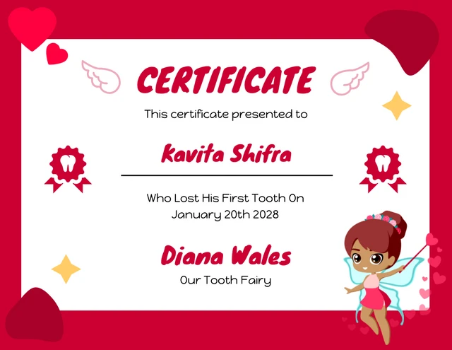Red Modern Playful Illustration Tooth Fairy Certificate Template