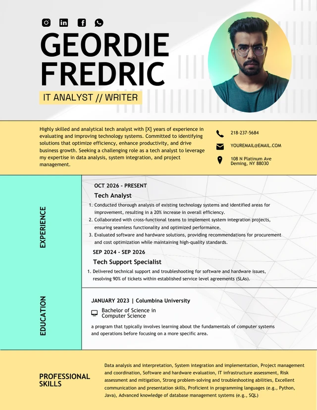 Colorful Simple Tech Analyst Resume Template