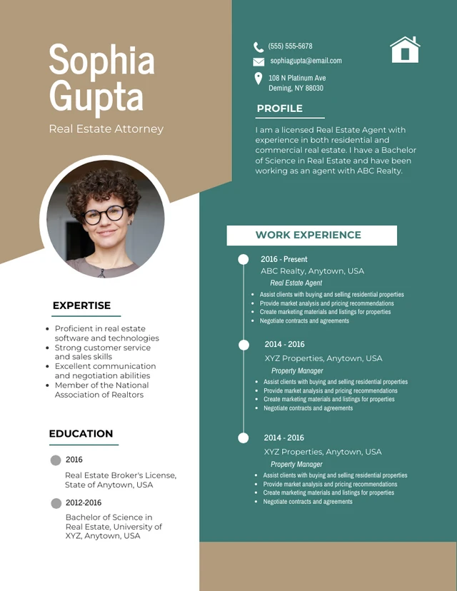 Brown And Green Modern Professional Real Estate Agent Resume Template