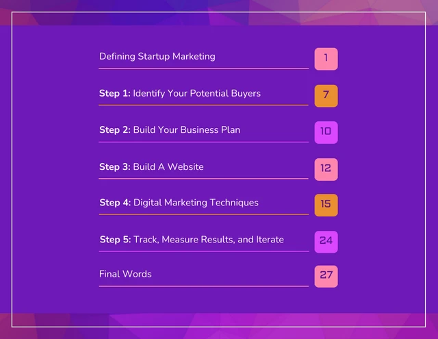 Modèle de table des matières du livre blanc Violet Startup Marketing