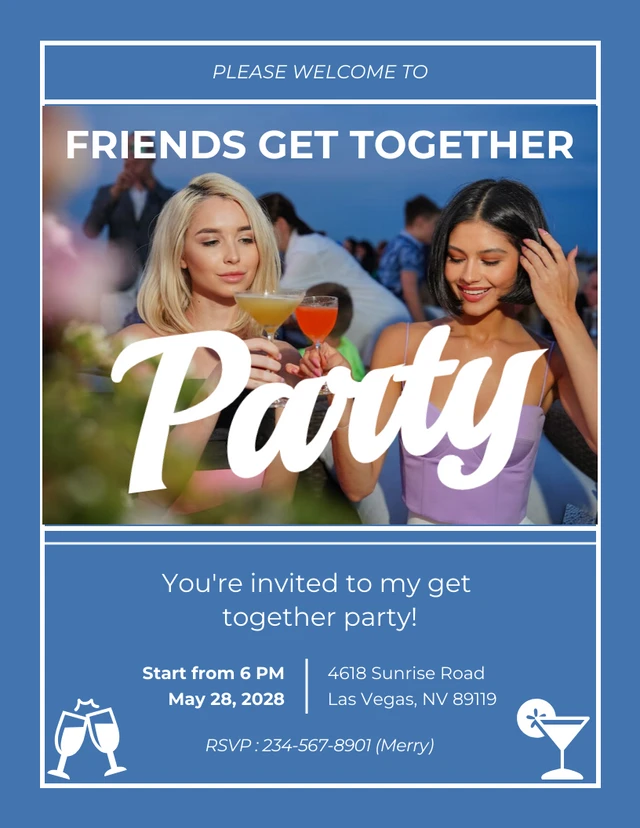 Clean Blue Party Get Together Invitation Template