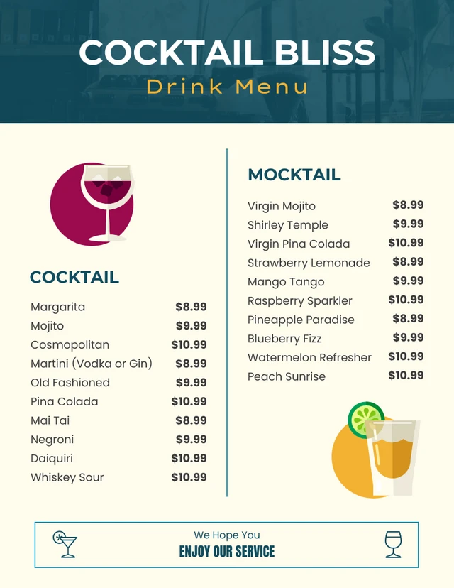 Einfache, illustrative Vorlage für ein Cocktailmenü in Creme und Grün