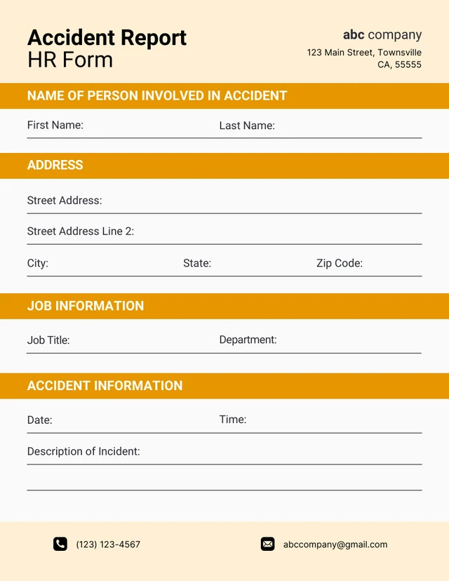 Plantilla de formulario de recursos humanos de informe de accidente naranja simple