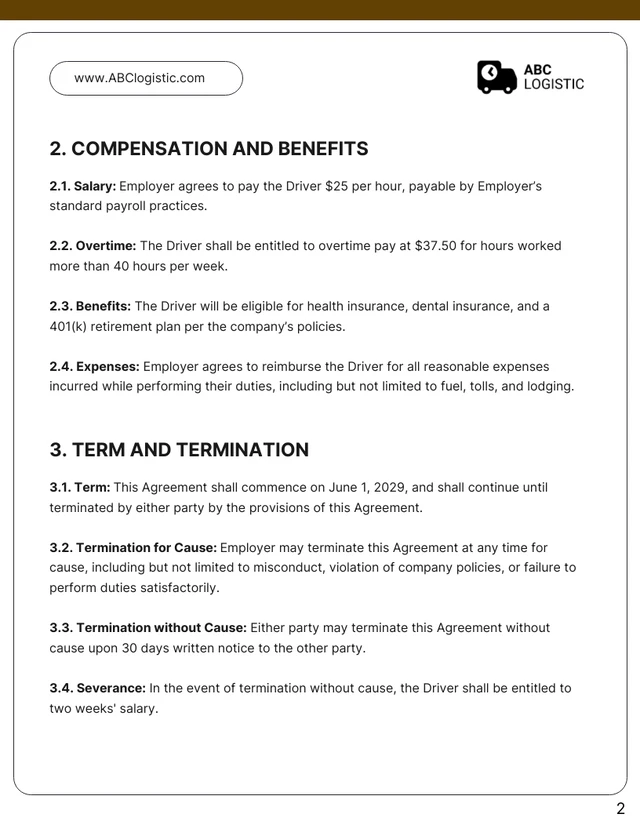 Truck Driver Contract Template - page 2