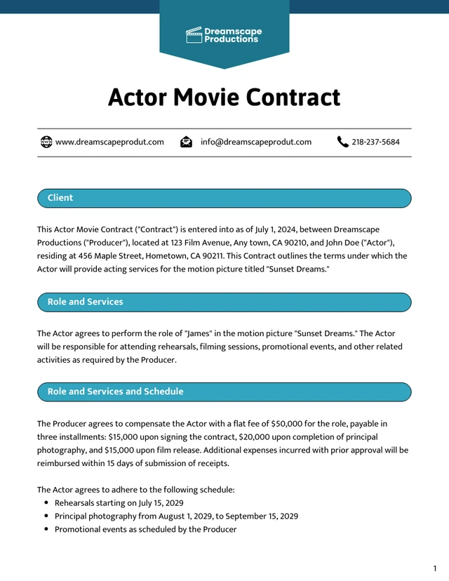 Actor Movie Contract Template - Page 1